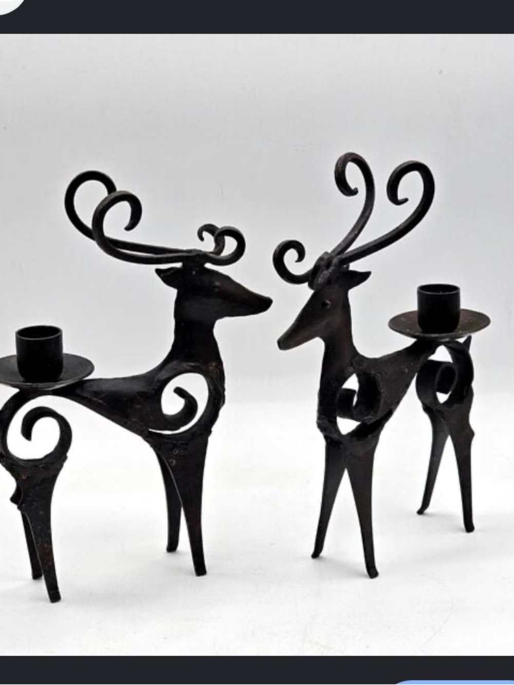 Pair of Iron Forged vintage rustic Black Metal Reindeer Candle Holders